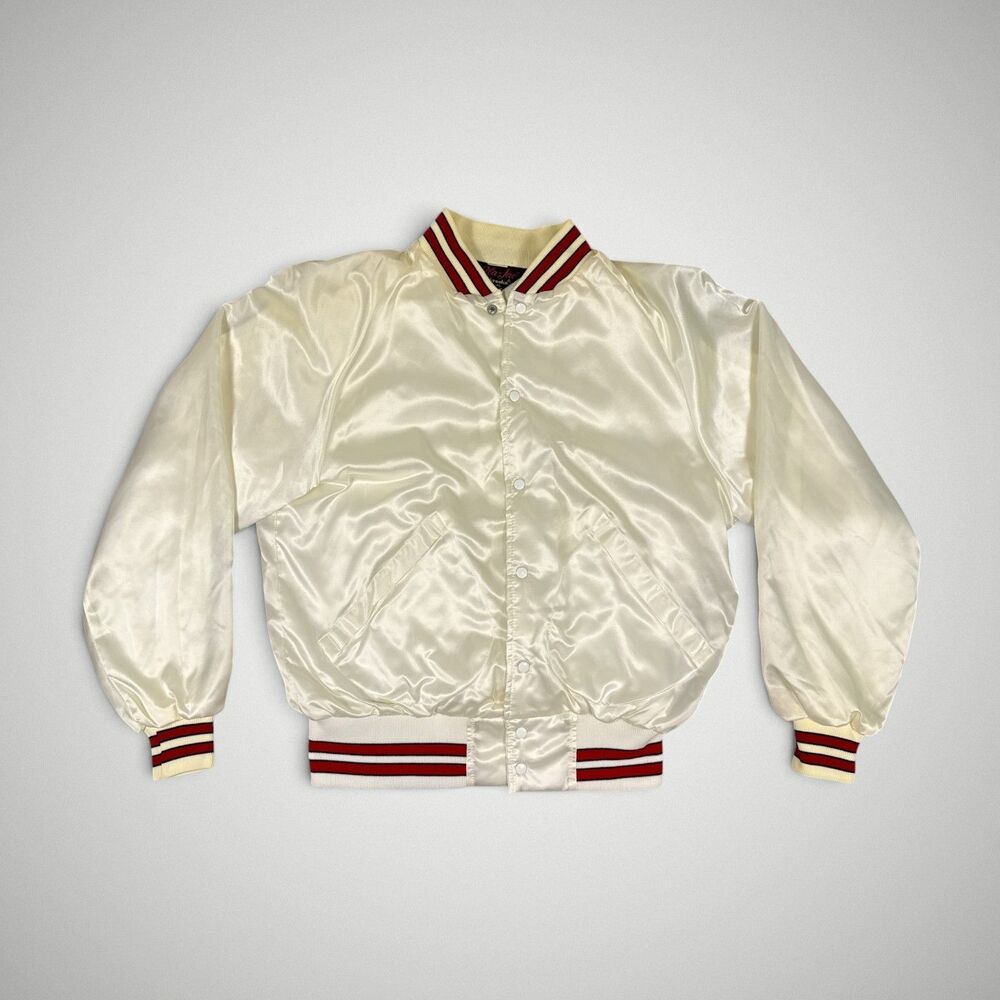 Vintage Dunbrooke Pla-Jac Satin Bomber Jacket Chevys Diner Bar Cream Size Lrg
